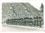 University of Iowa Scottish Highlanders performance at football game, 1950s?