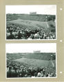 Southwest-facing views of the Hawkeye Marching Bands' half-time show during a football game in Kinnick Stadium, the University of Iowa, 1950