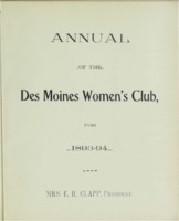 Des Moines Women's Club Memorabilia 1893-1894 volume 2; Annual of the Des Moines Women's Club, for 1893-94; Mrs. E. R. Clapp, President