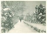 Snow-covered sidewalk to the Iowa Memorial Union, the University of Iowa, 1940s?