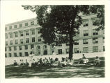 Class meeting outside near University Hall, the University of Iowa, 1960s?