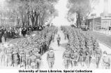 Battalion marching west on Washington Street toward Iowa Field, The University of Iowa, 1918