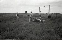Two men and one woman walk in pasture