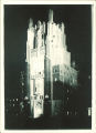 General Hospital's Gothic tower illuminated at night, the University of Iowa, 1930s