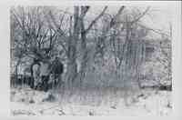 Four unidentified men standing in snow at the top of an enbankment looking across