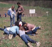 1984 Children lie on their stomachs to see something