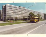 Cambus passes Mayflower Hall, the University of Iowa, August 1981