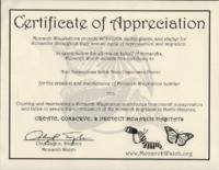 Certification of Appreciation for becoming a Monarch Waystation.