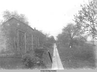 Village scene with wooden sidewalk and grape trellis, High Amana, Iowa, 1900s