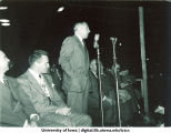 Speaker at Homecoming parade, The University of Iowa, 1940s