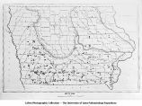 Map of Iowa with triangles marking the localtions of Nebraskan gumbotil and crosses marking Kansan gumbotil locations, Iowa, late 1890s or early 1900s
