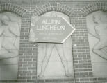 Alumni Luncheon sign, State Gym, Homecoming, 1954