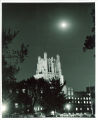 Gothic hospital tower at night, the University of Iowa, between 1956 and 1960