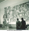 Students with modern art wall hanging, The University of Iowa, March 1940