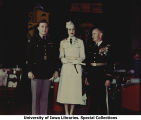 Honorary Cadet Colonel Majorie Campbell on stage at military ball, The University of Iowa, 1950