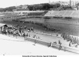 Cadets marching off Iowa Field, The University of Iowa, 1920s