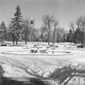 Memorial Union fountain and Campanile in winter, 1953
