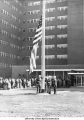 Raising the flag during the Veterans Hospital dedication ceremony, Iowa City, Iowa, March 16, 1952