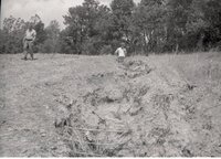Two men in field by ravine